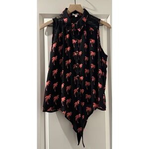 Bongo XL Black Coral Palm Tree Print Sleeveless Blouse Lace Yoke Tie Front